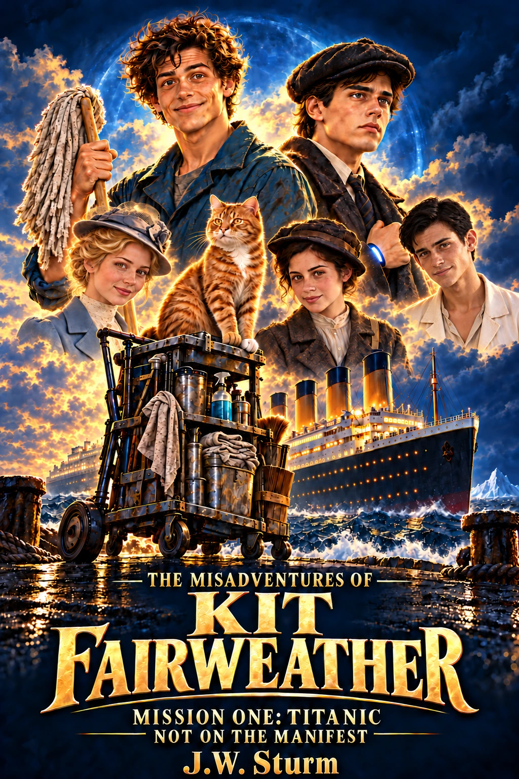 Kit, Andy, Bucket, Clara, Maeve, and Enzo in the Titanic launch poster