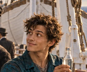 Kit, with tousled brown curls, a knowing smile, and teal coveralls
